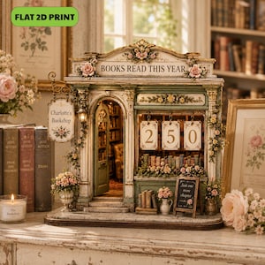May include: A decorative miniature bookstore display titled "BOOKS READ THIS YEAR" with a hanging sign reading "Charlotte's Bookshop". The structure features a green and cream facade, floral accents, and a counter displaying the number 250.