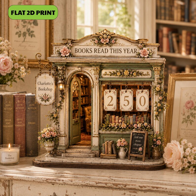 May include: A decorative miniature bookstore display titled "BOOKS READ THIS YEAR" with a hanging sign reading "Charlotte's Bookshop". The structure features a green and cream facade, floral accents, and a counter displaying the number 250.