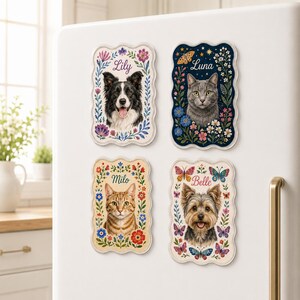 May include: Four rectangular magnets with scalloped edges featuring portraits of pets. Each magnet displays a name: Lily, Luna, Milo, or Belle, surrounded by colorful floral and butterfly illustrations on white, dark blue, or cream backgrounds.