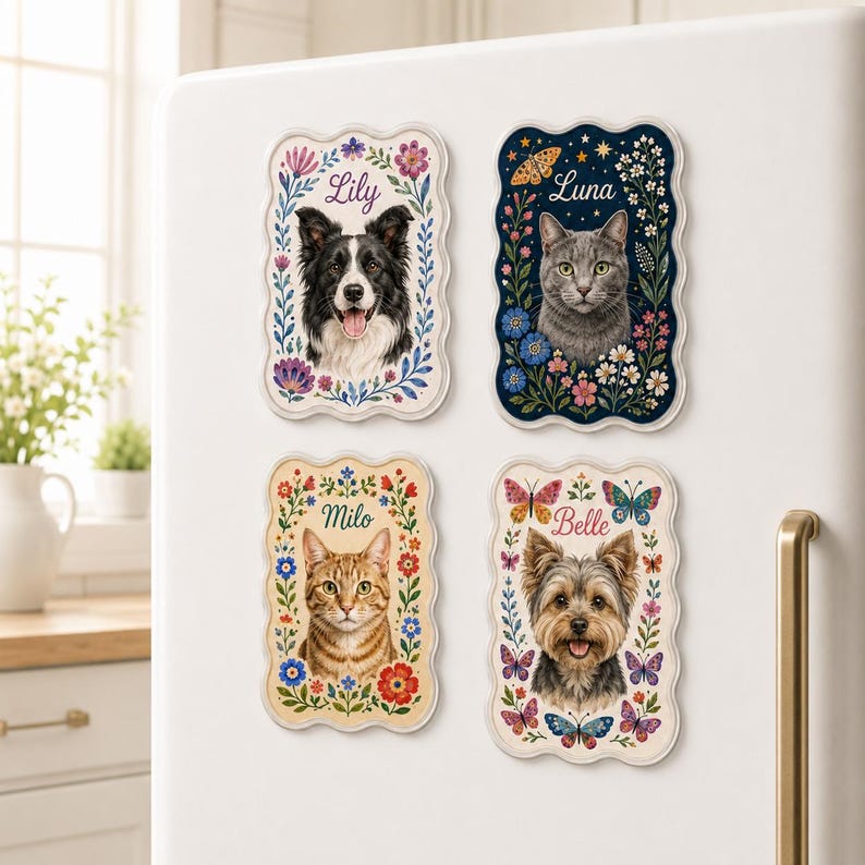 May include: Four rectangular magnets with scalloped edges featuring portraits of pets. Each magnet displays a name: Lily, Luna, Milo, or Belle, surrounded by colorful floral and butterfly illustrations on white, dark blue, or cream backgrounds.