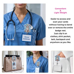 May include: A blue medical uniform with a stethoscope and a badge reel featuring an otter graphic and the text "I'M AN OTR". The badge reel is clipped to the uniform pocket, with a name tag that reads "Devon Anderson".