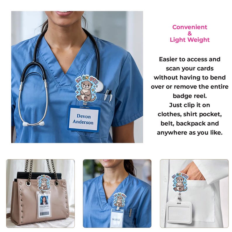 May include: A blue medical uniform with a stethoscope and a badge reel featuring an otter graphic and the text "I'M AN OTR". The badge reel is clipped to the uniform pocket, with a name tag that reads "Devon Anderson".