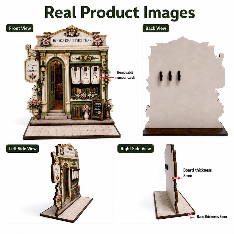 May include: A miniature bookstore display featuring a front view with the text BOOKS READ THIS YEAR and A Coven of Creatives, removable number cards, and floral accents. The back view shows three clips, with side views indicating an 8mm board and 5mm base.