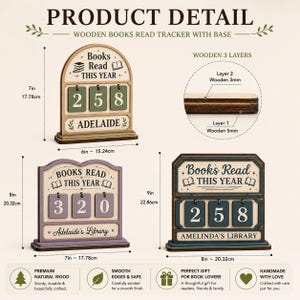 May include: Three wooden book trackers with bases, featuring flip-style number cards and text reading Books Read This Year, Adelaide, Adelaide's Library, and Amelinda's Library. Dimensions are 7in by 6in, 8in by 7in, and 9in by 8in, with 3mm and 5mm layers.