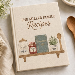 Puede incluir: Un libro de recetas de tapa dura color crema titulado THE MILLER FAMILY Recipes, con un estante bordado que muestra un tarro de harina, un tarro de mermelada de fresa, un libro de cocina azul, una planta en maceta y una cuchara de madera.