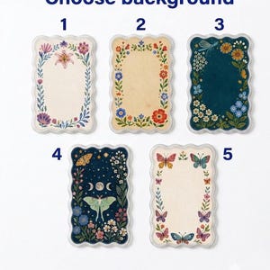 May include: Five rectangular scalloped-edge cards labeled 1 through 5, featuring various floral and celestial designs. The cards display botanical borders, butterflies, a moth, a moon phase, and colorful flowers on cream and dark blue backgrounds.