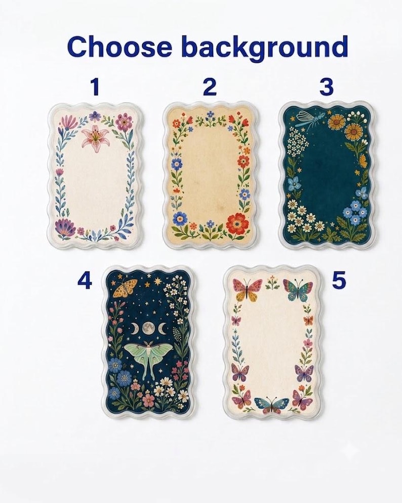 May include: Five rectangular scalloped-edge cards labeled 1 through 5, featuring various floral and celestial designs. The cards display botanical borders, butterflies, a moth, a moon phase, and colorful flowers on cream and dark blue backgrounds.