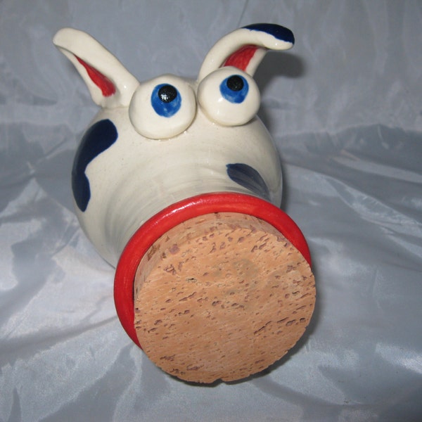 Piggy Bank, Cute, Whimsical and Funny Looking, Stoneware Ceramic Pottery, Wheel Thrown, Dragon Red, Kings Blue, White, Corked, Cork in Mouth
