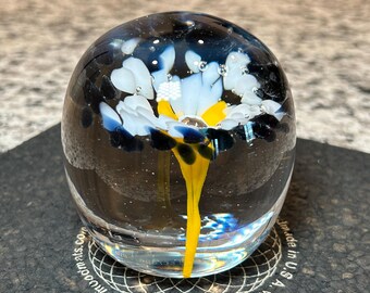 Puede incluir: Un pisapapeles de cristal transparente con un diseño floral detallado. La flor tiene pétalos blancos con detalles azules, un centro amarillo y un tallo amarillo. El fondo es azul oscuro con motas blancas. El pisapapeles está sobre una superficie gris oscuro.
