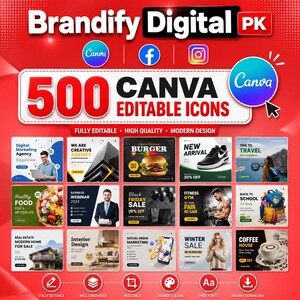Könnte beinhalten: Werbegrafik für Brandify Digital PK, die 500 bearbeitbare Canva-Icons bewirbt. Das Design zeigt verschiedene Marketingvorlagen, darunter Themen wie Essen, Fitness und Immobilien. Die Grafik enthält das Canva-Logo und Social-Media-Symbole.