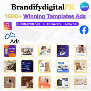 May include: A promotional graphic with the text "BrandifydigitalPK" and "1500+ Winning Templates Ads." It includes icons for Instagram and Facebook, along with examples of ads for various products and services.