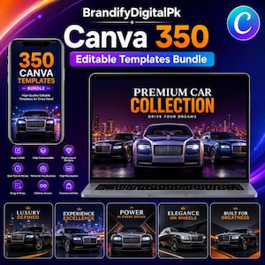 May include: A digital product bundle featuring 350 editable Canva templates for car-themed marketing. The display shows a smartphone and a laptop screen with the text Premium Car Collection, alongside five smaller panels with luxury car imagery.