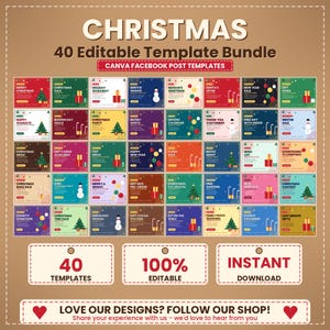 Könnte beinhalten: Ein Bündel aus 40 bearbeitbaren Canva-Vorlagen für Facebook-Beiträge zum Thema Weihnachten mit verschiedenen weihnachtlichen Grafiken wie Tannenbäumen, Schneemännern und Ornamenten. Der Text lautet "CHRISTMAS 40 Editable Template Bundle".