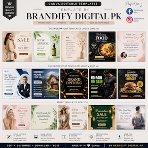 May include: A promotional graphic showcasing Canva editable templates by Brandify Digital PK. The design features various Instagram and Facebook post templates, including sale announcements, new product reveals, and food promotions. The templates are designed to be professional, modern, and easy to edit.