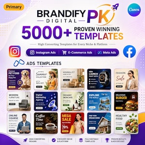 Könnte beinhalten: Eine Werbegrafik für digitale Marketingvorlagen. Das Design zeigt das Logo "BRANDIFY PK", "5000+ BEWÄHRTE GEWINN-VORLAGEN" und Symbole für Instagram, E-Commerce und Meta Ads. Verschiedene Anzeigenvorlagen werden angezeigt, darunter Tiernahrung, Modeverkäufe und Smartwatches.
