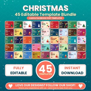 Könnte beinhalten: Ein digitales Paket mit 45 bearbeitbaren Facebook-Post-Vorlagen zum Thema Weihnachten mit verschiedenen festlichen Grafiken wie Bäumen, Schneemännern und Ornamenten. Der Text enthält CHRISTMAS 45 Editable Template Bundle, FULLY EDITABLE und INSTANT DOWNLOAD.