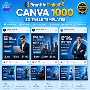 Könnte beinhalten: Eine digitale Vorlagensammlung mit dem Titel Brantifa DigitalPK Canva 1000 Editable Templates. Die Grafik zeigt blaue Verläufe, drei Social-Media-Beitragsentwürfe mit Geschäftsleuten und sechs kleinere quadratische Werbesymbole.