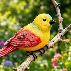 May include: A decorative bird figurine featuring a bright yellow head and chest with a green-tinted crown. The wings and tail feathers are a vibrant red. The bird has a small black beak and dark eyes, perched on a textured brown branch.