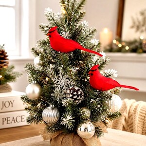 May include: A small artificial Christmas tree with flocked green branches, decorated with two bright red cardinal bird ornaments, silver baubles, a white snowflake ornament, and a pinecone, all set in a burlap-wrapped base.