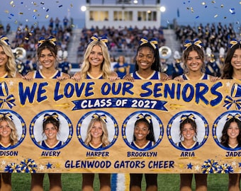 May include: A rectangular banner held by six cheerleaders featuring the text WE LOVE OUR SENIORS CLASS OF 2027 and GLENWOOD GATORS CHEER. The banner displays six circular photo frames with names Madison, Avery, Harper, Brooklyn, Aria, and Jade.