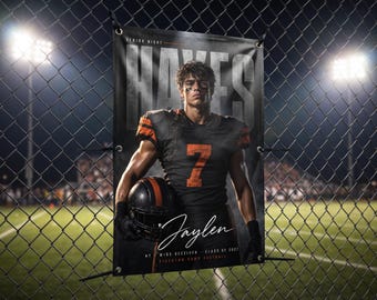 May include: A rectangular banner featuring a football player in a black and orange jersey with the number 7, holding a helmet. The text reads Senior Night, Hayes, Jaylen, number 7, Wide Receiver, Class of 2021, and Riverton Rams Football.