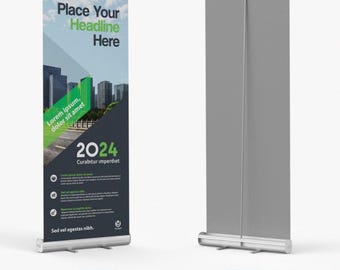 May include: A retractable banner stand with a front view featuring text: "Place Your Headline Here" and "2024". The design includes a cityscape with green and blue accents. The back view is a solid gray color.