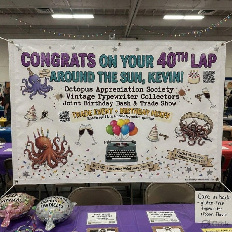 May include: A banner with the text "CONGRATS ON YOUR 40TH LAP AROUND THE SUN, KEVIN!" features octopus and typewriter illustrations. It promotes an Octopus Appreciation Society and Vintage Typewriter Collectors event, including a birthday bash and trade show.