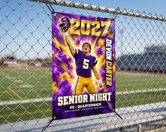 May include: A rectangular banner featuring a football player in a purple and yellow uniform holding a helmet aloft. The text reads 2027, DEVON CARTER, SENIOR NIGHT, #5 QUARTERBACK, and NORTHRIDGE KNIGHTS FOOTBALL against a purple and yellow smoke background.