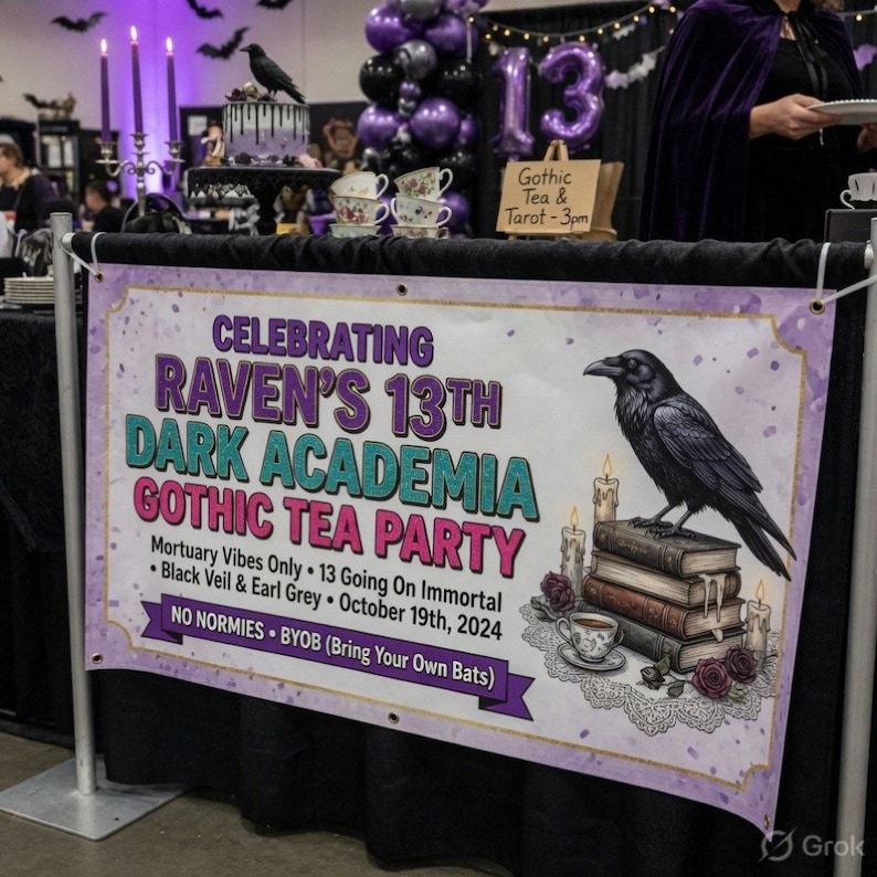 May include: A banner for a "Raven's 13th Dark Academia Gothic Tea Party" features a raven illustration, candles, and books. The banner includes event details: "Mortuary Vibes Only," "October 19th, 2024," and "BYOB (Bring Your Own Bats)."