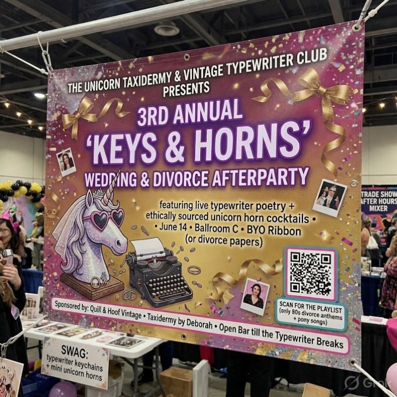 May include: A banner for the 3rd Annual 'Keys & Horns' Wedding & Divorce Afterparty, featuring a unicorn with heart-shaped sunglasses and a typewriter. The banner includes event details, sponsors, and a QR code for a playlist.
