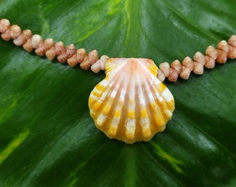 Sunrise Shell Lei: 20.5' inch, Kauai Kahelelani Shells,  14kt Gold Clasp, Langford Pectin Shell,  Kauai Handmade Niihau Shell Necklace