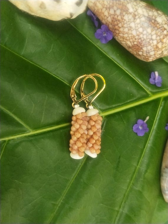 Kahelelani Shell Earrings: Kauai Kahelelani Shells, Puka Shells, Gold Filled Leverbacks, 50lb Nylon String, Authentic Kauai Niihau Shell