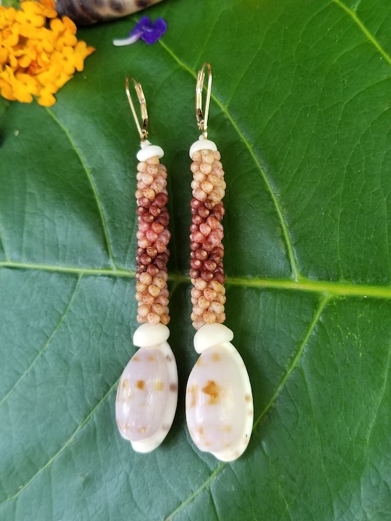 Hawaiian Cowrie Shell Earrings Kauai Kahelelani Shell Earrings Eco Friendly Island Earrings Authentic Kauai Kahelelani Shells Rare Shells