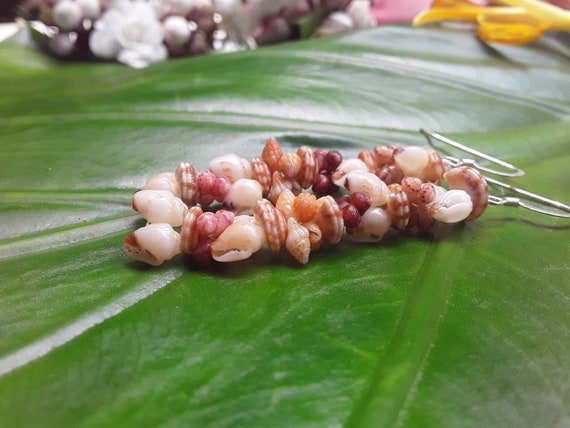 Shell Earrings - Kauai Shell Earrings - Hawaiian Shell Earrings- Heleconia Traditional Weave- Rare Momi and Kahelelani Shells from Kauai