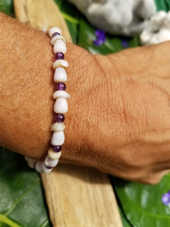 Amethyst Bracelet Beach Bracelet Shell Bracelet Hawaiian Shell Bracelet Kauai Puka Shell Bracelet Island Seashell Jewelry Mermaids Jewelry