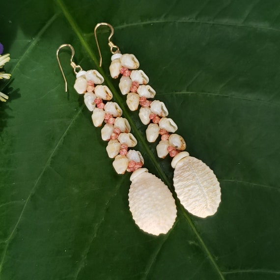Shell Earrings Kauai Shell Earrings Hawaiian Shell Earring Traditional Weave Momi Shells Kahelelani Shells Kauai Beach Shell Hawaiian Shells