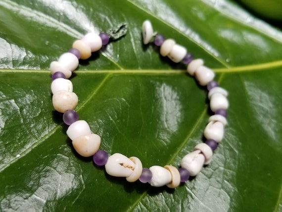 Amethyst Bracelet Beach Bracelet Shell Bracelet Hawaiian Shell Bracelet Kauai Puka Shell Bracelet Island Seashell Jewelry Mermaids Jewelry