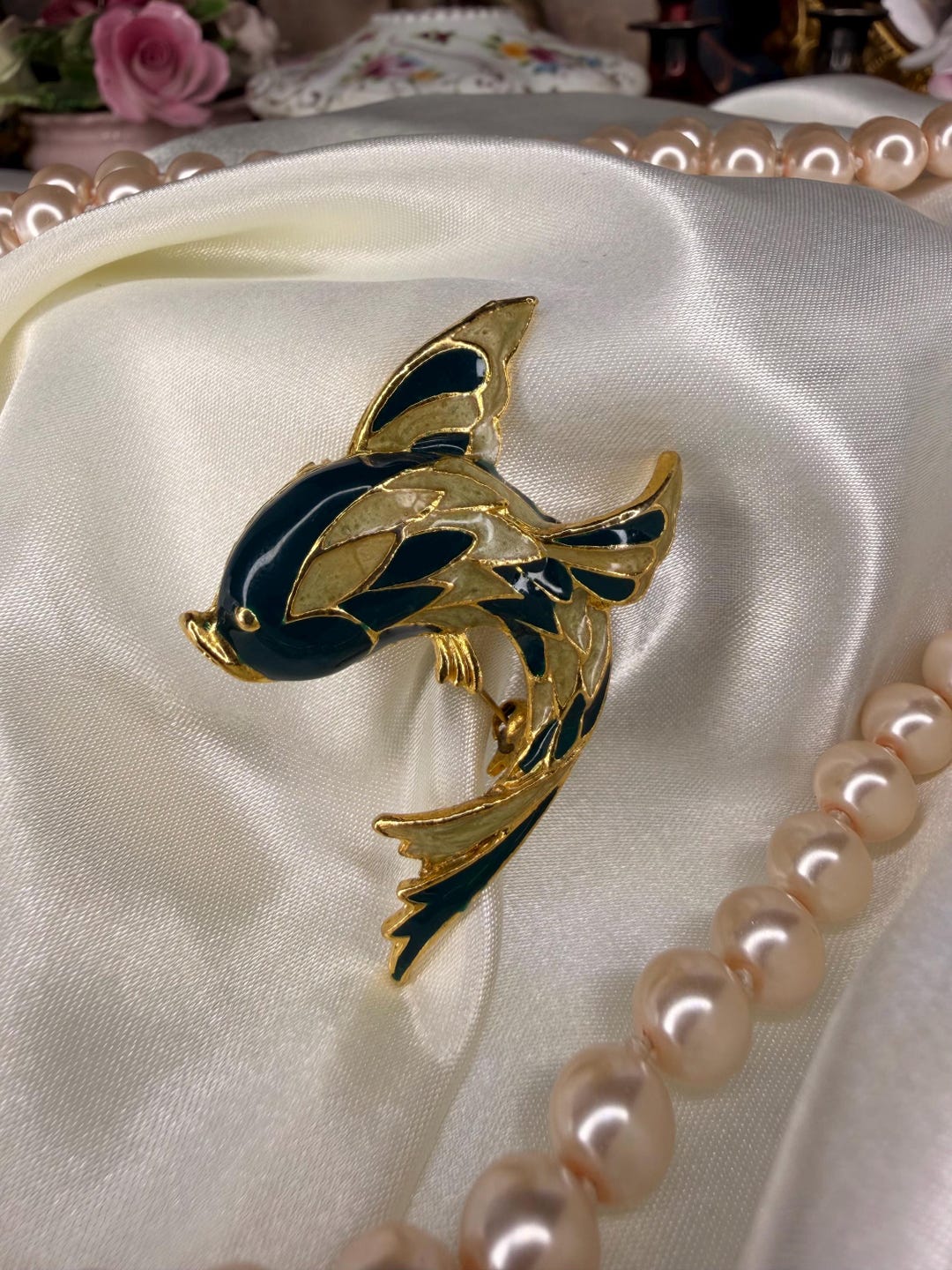 Flying Fish Pin Module Vintage Enamel Flying Fish Brooch, Gold Tone Cloisonné Style Statement ...
