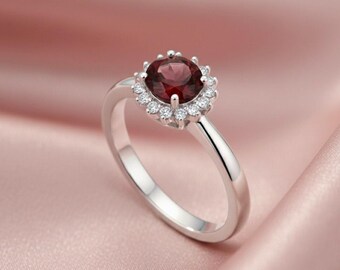 Silver Ring with Red Garnet Stone & Cubic Zirconia Engagement Party Wedding Customization Available