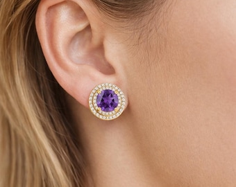 Amethyst Natural Stone Silver Earrings with Cubic Zirconia Wedding Engagements Customization Available