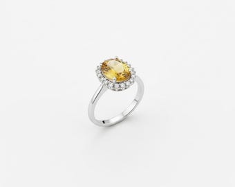 Yellow Elegant Engagement S/S Ring - Mount Silver Citrine Natural Stone with CZ, Customization Available