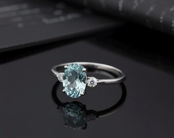 Sky Blue Aquamarine Stone & White Cubic Zirconia Silver Ring for Gift Wedding Engagement Party