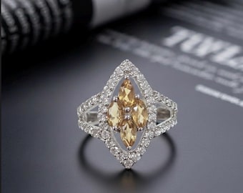 Engagement Ring : Light Brown Elegant Citrine Natural Stone & CZ Diamond, Silver Ring, Customization Available
