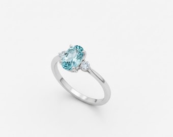 Sky Blue Aquamarine & Cubic Zirconia Silver Engagement Ring, Wedding, Party, Customization Available