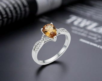 Citrine & Cubic Zirconia Silver Ring - Pear Cut Engagement Party Wedding Rings Customization Available