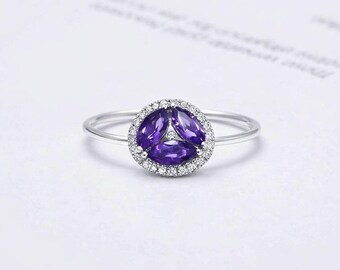 Amethyst & Cubic Zirconia Silver Ring, Engagement Jewelry, Wedding, Party, Gift, Customization is Available