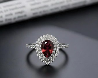 Red Garnet Natural Stone & White CZ Silver Ring - Mount Engagement Party Wedding Customization Available