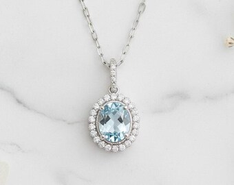 Aquamarine Stone Silver Pendant with CZ, Wedding Engagement Gift Elegant Jewelry, Customization Available