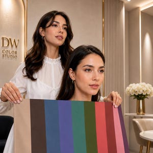 May include: A rectangular color palette card featuring vertical stripes in shades of beige, dark brown, blue, purple, teal, olive green, red, terracotta, pink, and deep plum, with the text "Soft Autumn" printed in the bottom right corner.
