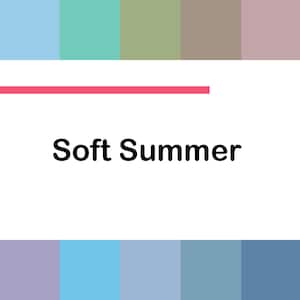 Może przedstawiać: Paleta kolorów z białym prostokątem pośrodku, z czarnym napisem "Soft Summer". Prostokąt jest obramowany przez obwód w różnych pastelowych kolorach, w tym różowym, niebieskim i zielonym, tworząc atrakcyjny wizualnie design.